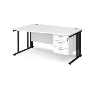 Office Desk Left Hand Wave Desk 1600mm With Pedestal White Top With Black Frame Maestro 25 MCM16WLP3KWH