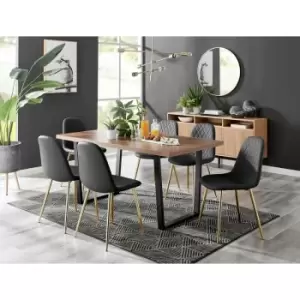 Kylo Brown Wood Effect Dining Table & 6 Black Corona Faux Leather Dining Chairs with Gold Legs Diamond Stitch - Black