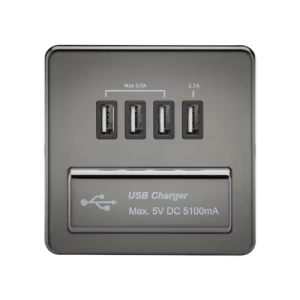 KnightsBridge 1G Screwless Black Nickel Quad USB 5V Charger Outlet - Black Insert