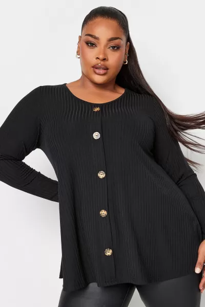 Yours Yours Rib Top - Button Front Black