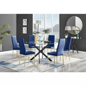 Furniturebox UK - Furniturebox Novara Black Leg 120cm Round Glass Dining Table & 6 Navy Milan Velvet Dining Chairs With Gold Legs Diamond Stitch