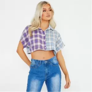 I Saw It First Petite Checked Split Cropped Shirt - Purple