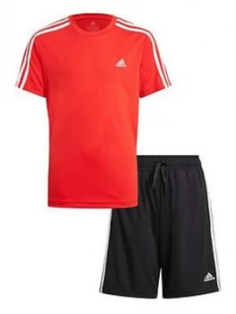 adidas Boys Junior 3-Stripes T-Shirt & Shorts Set - Red/Black, Red/Black, Size 11-12 Years