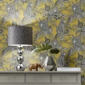 Mamboa Tropical Palm Leopard Ochre Yellow Exotic Jungle Linen Effect Wallpaper - Ochre, Yellow, Black, White