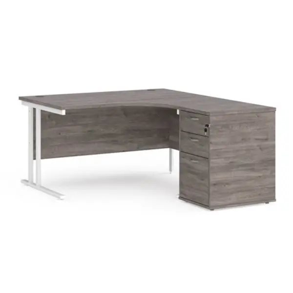 Office Desk Right Hand Corner Desk 1400mm With Pedestal Grey Oak Top With White Frame Maestro 25