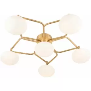 Loops - Satin Brass Geometric Flush Ceiling Light - Opal Glass Shades - 6 Bulb Fitting