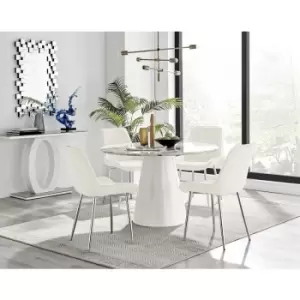 Furniturebox Palma White Marble Effect 120cm Round Minimalist Dining Table & 4 Cream Pesaro Silver Leg Velvet Chairs