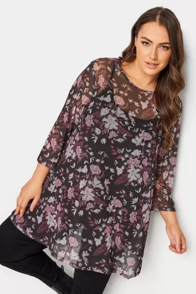 Floral Print Mesh Layered Top