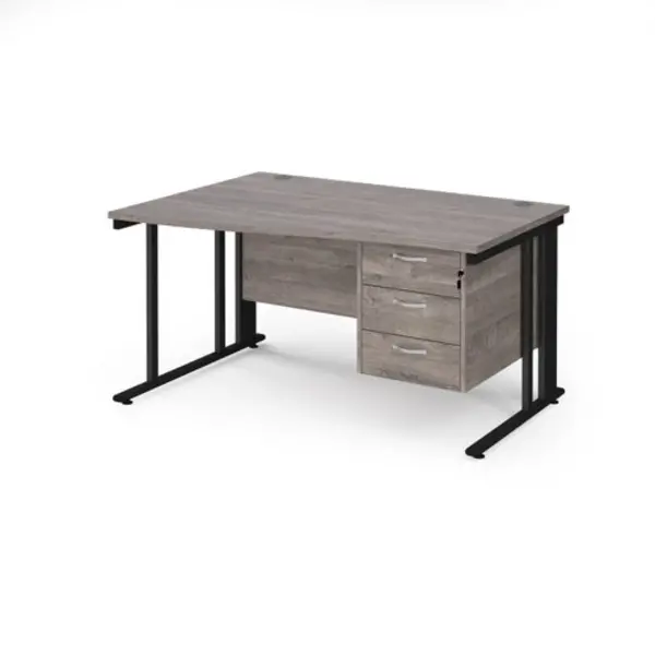 Maestro 25 left hand wave desk 1400mm wide with 3 drawer pedestal - Black cable managed leg frame, grey oak top