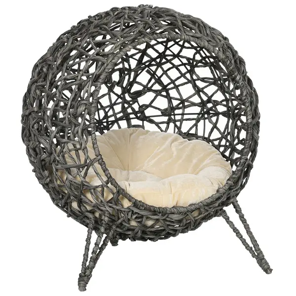 PawHut Rattan Elevated Cat Bed House Kitten Basket Ball Shaped Pet Furniture w/ Removable Cushion - Silver-Tone and Grey