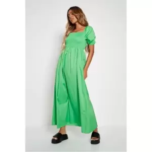 I Saw It First Green Cotton Poplin Shirred Short Sleeve Maxi Dress - Green