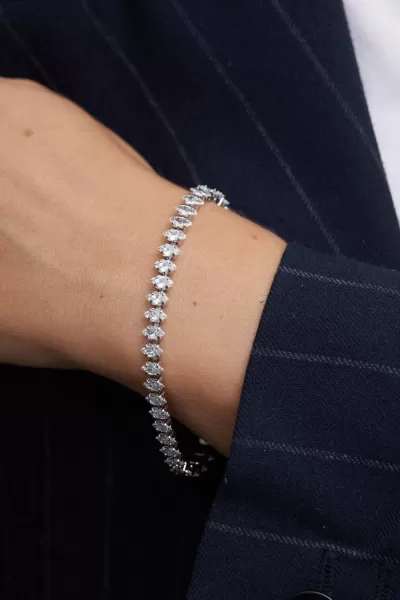 Rhodium Plated Cubic Zirconia Navette Bracelet