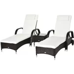 Outsunny - 3 pcs Rattan Lounger Recliner Bed Garden Furniture Set Side Table Brown - Brown