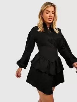 Boohoo Ruffle Skirt Shirt Dress - Black, Size 14, Women