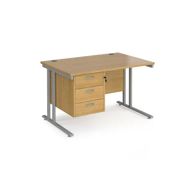 Maestro 25 Oak Straight Desk with 3 Drawer Pedestal and Silver Cantilever Leg Frame - 1200mm x 800mm