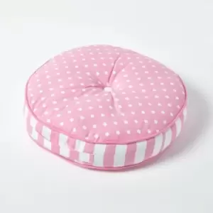 Pink Polka Dots & Stripes Round Floor Cushion - Pink - Homescapes