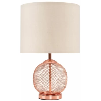 Copper Mesh Ball Touch Dimmer Table Lamp With Small Drum Light Shade - Beige