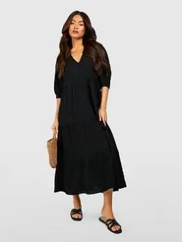 Boohoo Textured Puff Sleeve Tiered Midi Dress - Black