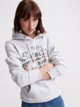 Superdry Vintage Logo Gloss Floral Hoodie - Light Grey, Light Grey, Size 6, Women