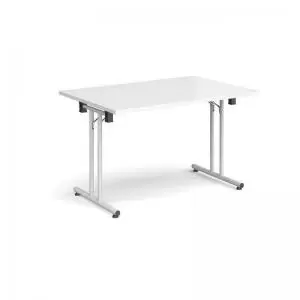 Rectangular folding leg table with white legs and straight foot rails