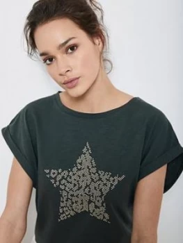 Mint Velvet Khaki Hotfix Star T-Shirt - Green, Size XS, Women