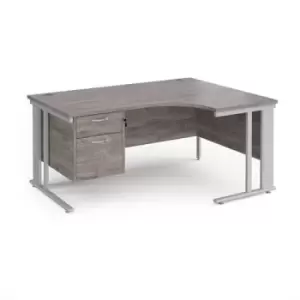 Maestro 25 right hand ergonomic desk 1600mm wide with 2 drawer pedestal - silver cable managed leg frame and grey oak top