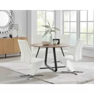 Furniture Box Santorini Brown Wood Contemporary Round Dining Table and 4 White Willow Chairs Set