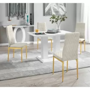 Furniture Box Imperia 4 White Dining Table and 4 Cream Velvet Milan Gold Leg Chairs