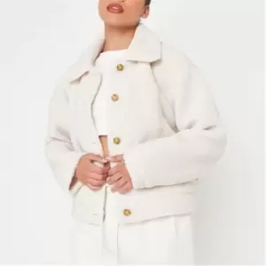 Missguided Petite Oversized Borg Button Jacket - White