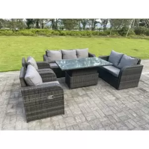 Fimous 7 Seater Outdoor Dark Grey Rattan Lounge Complete Sofa Set with Adjustable Dining Table, Love Sofa, and Reclining Chairs