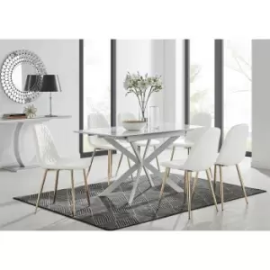 Lira 120 Extending Dining Table and 6 White Corona Faux Leather Dining Chairs with Gold Legs Diamond Stitch - White