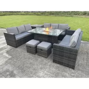 Fimous 9 Seater Outdoor Dark Grey Rattan Lounge Complete Sofa Set with Gas Fire Pit, Side Table and 2 Stools