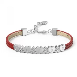 GUESS red leather bracelet with rhodium plated centre bar featuring alternating pave Swarovski crystal and plain hearts, presented in a box set.