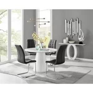 Furniturebox Palma White High Gloss 4 Seat Minimalist Post Modern Round Dining Table & 4 Black Murano Faux Leather Chairs