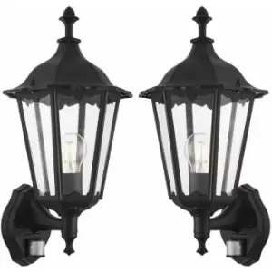 2 pack IP44 Outdoor pir Light Matt Black & Glass Traditional Wall Lantern Motion