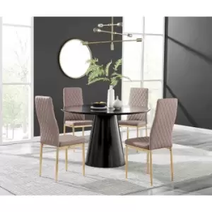 Furniture Box Palma Black Semi Gloss Round Dining Table and 4 Cappuccino Milan Gold Leg Chairs