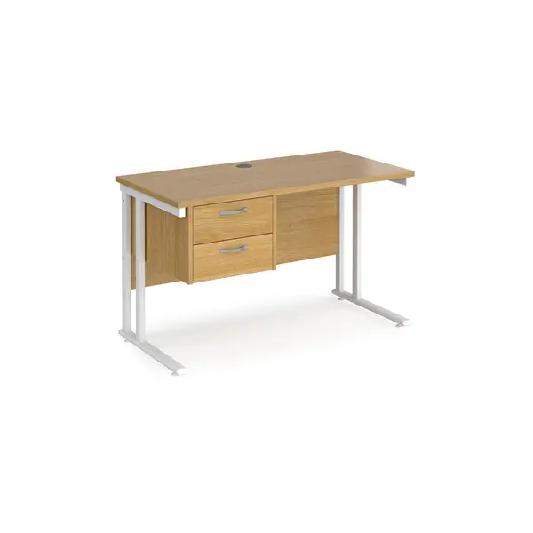 Maestro 25 Oak Straight Desk with 2 Drawer Pedestal and White Cantilever Leg Frame - 1200mm x 600mm