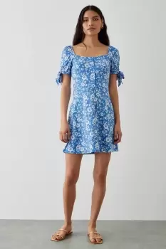 Blue Floral Button Front Mini Dress