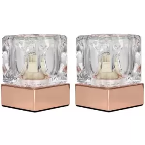 Minisun - 2 x Glass Ice Cube Touch Table Lamps - Copper