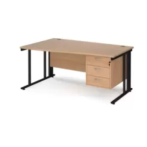 Office Desk Left Hand Wave Desk 1600mm With Pedestal Beech Top With Black Frame Maestro 25 MCM16WLP3KB