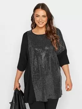 Yours Oversized Colour Block T-Shirt. Black/sequin, Black, Size 16, Women