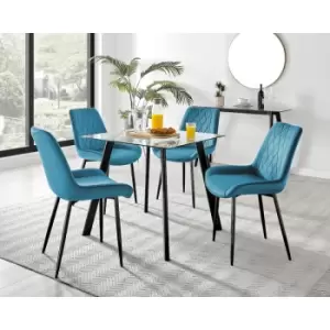 Furniturebox UK - Furniturebox Seattle Glass and Black Metal Leg Square Dining Modern Industrial Dining Table & 4 Blue Pesaro Black Leg Velvet Chairs