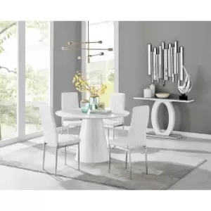 Furniture Box Palma White High Gloss Round Dining Table and 4 White Milan Chrome Leg Chairs