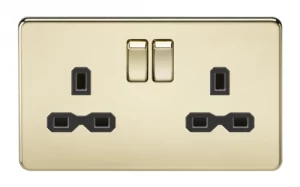 KnightsBridge 2G DP 13A Screwless Polished Brass 230V UK 3 Pin Switched Electric Wall Socket - Black Insert