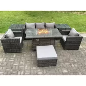 Fimous 5 Seater Outdoor Dark Grey Rattan Lounge Complete Sofa Set with Gas Fire Pit Table and Big Footstool