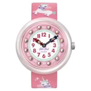 Flik Flak Up in the Sky Magical Dream Quartz Movement Pink Dial Textile Bracelet Kids Watch FBNP121