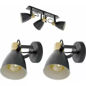 Ceiling Spot Light & 2x Matching Wall Lights Black & Wood Adjustable Shade