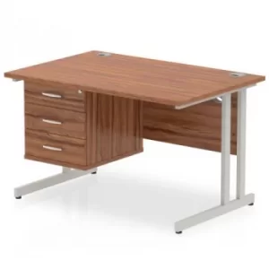 Impulse 1200 Rectangle Silver Cant Leg Desk WALNUT 1 x 3 Drawer Fixed Ped