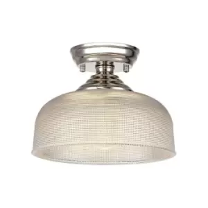 Luminosa Talisa Flush Ceiling Lamp E27 With Round 26.5cm Prismatic Effect Glass Shade Polished Nickel, Clear