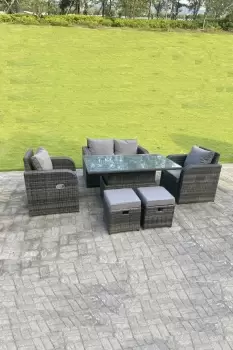 Fimous 4 Seater Outdoor Dark Grey Rattan Lounge Complete Sofa Set with Adjustable Dining Table and 2 Stools